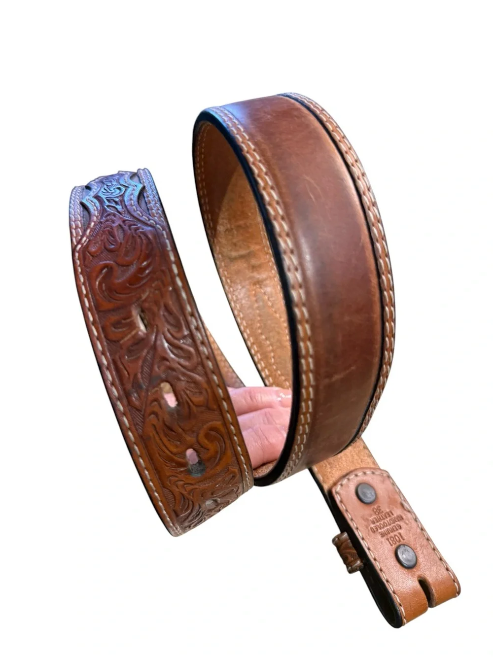 3D Men’s 38 Tooled Brown Leather Belt Only Hand Tooled Ends